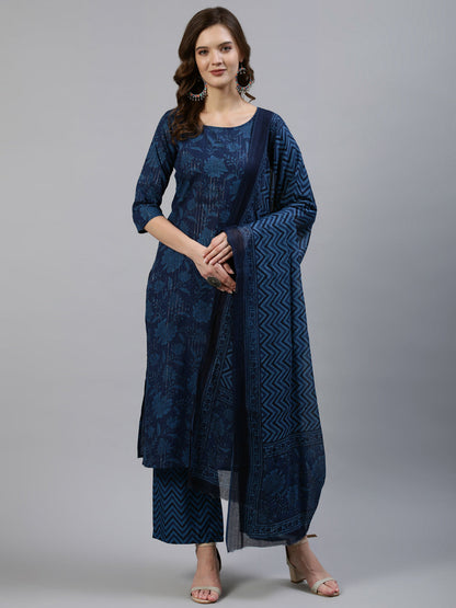 Women's Indigo Floral Printed Straight  Kurta With Palazo & Dupatta