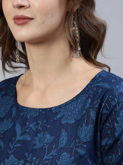Women's Indigo Floral Printed Straight  Kurta With Palazo & Dupatta
