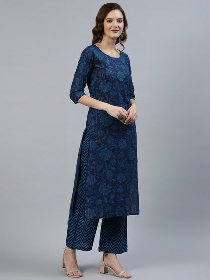 Women's Indigo Floral Printed Straight  Kurta With Palazo & Dupatta