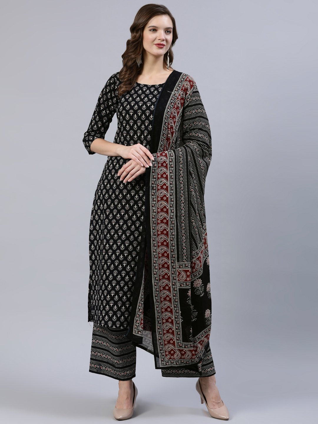 Women's Black Printed Straight  Kurta With Palazo & Dupatta