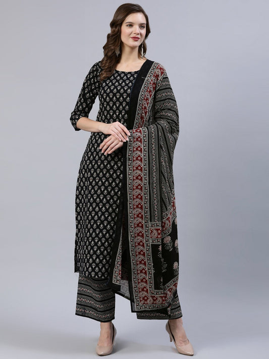 Women's Black Printed Straight  Kurta With Palazo & Dupatta