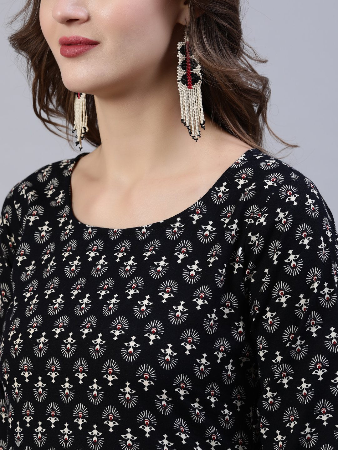 Women's Black Printed Straight  Kurta With Palazo & Dupatta