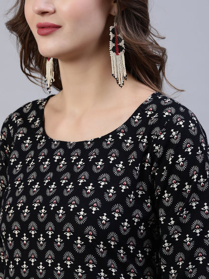 Women's Black Printed Straight  Kurta With Palazo & Dupatta