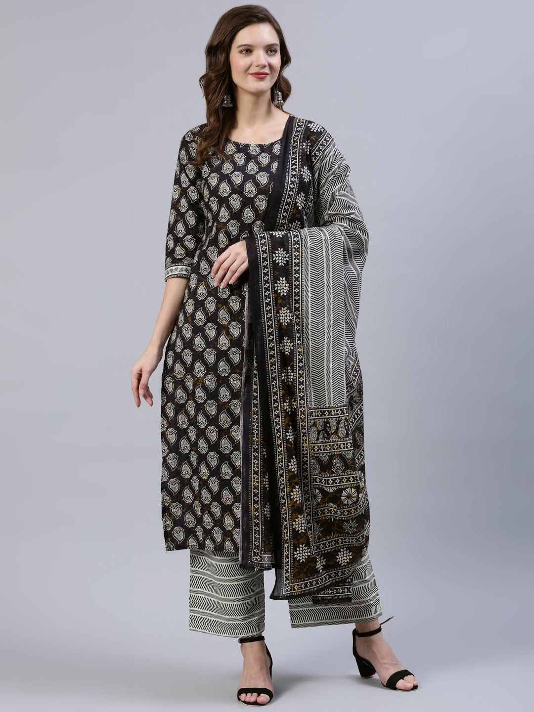 Women's Black Printed Straight  Kurta With Palazo & Dupatta