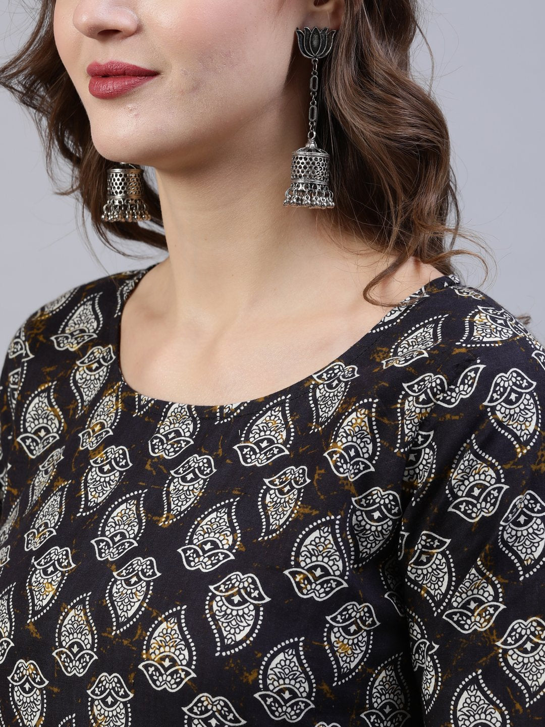 Women's Black Printed Straight  Kurta With Palazo & Dupatta