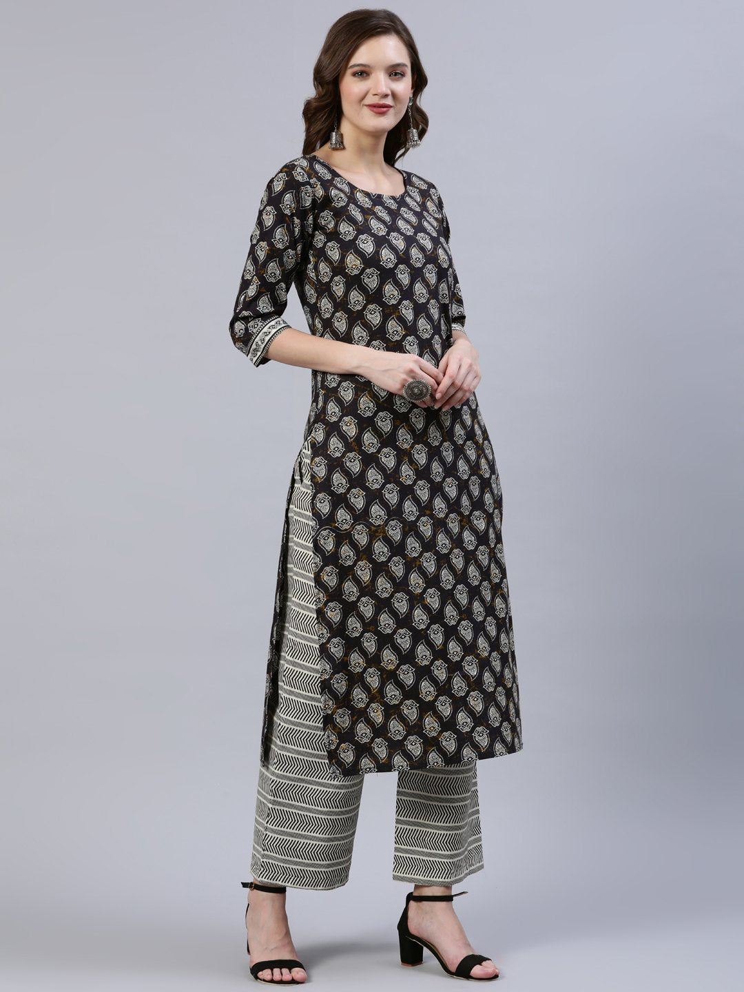 Women's Black Printed Straight  Kurta With Palazo & Dupatta