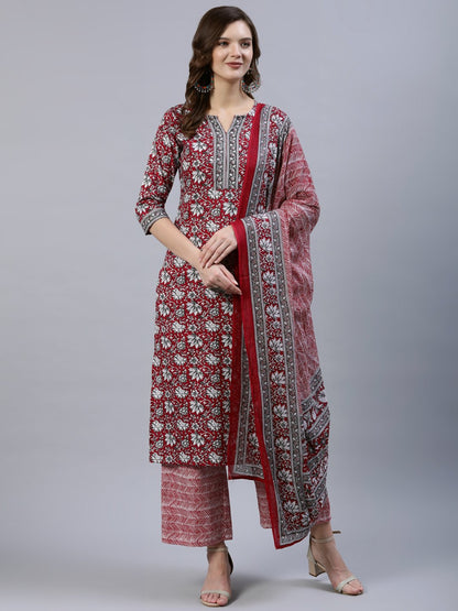 Women's Red Printed Straight  Kurta With Palazo & Dupatta