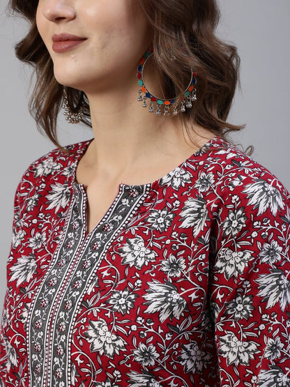 Women's Red Printed Straight  Kurta With Palazo & Dupatta