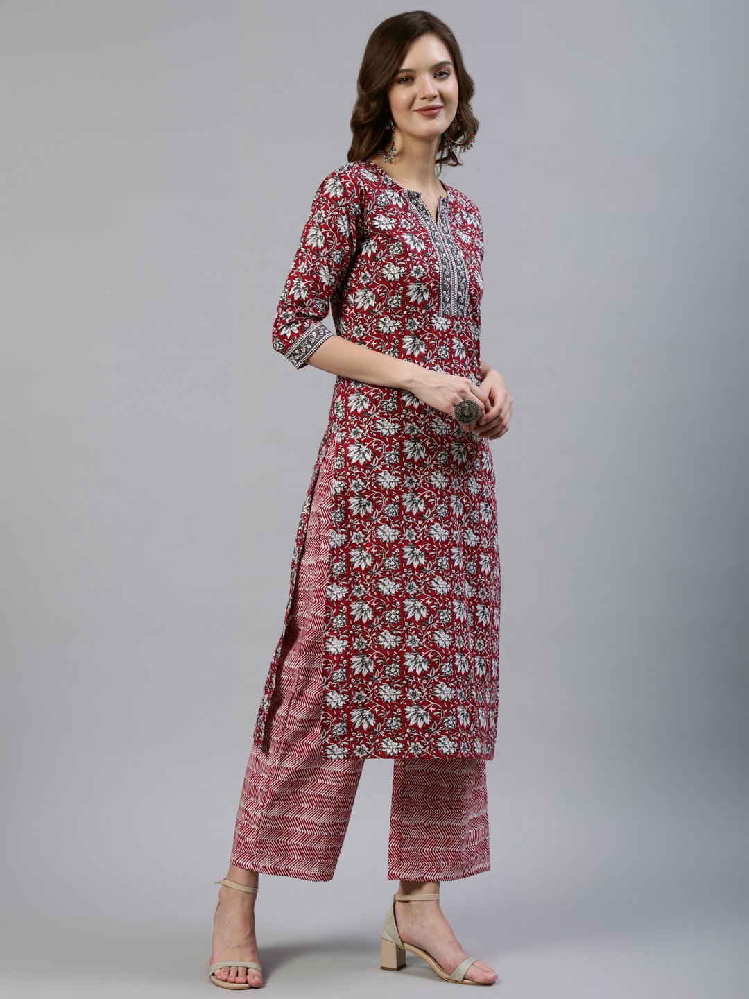 Women's Red Printed Straight  Kurta With Palazo & Dupatta