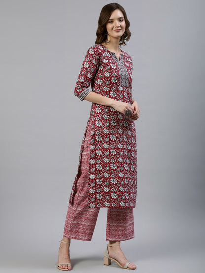 Women's Red Printed Straight  Kurta With Palazo & Dupatta