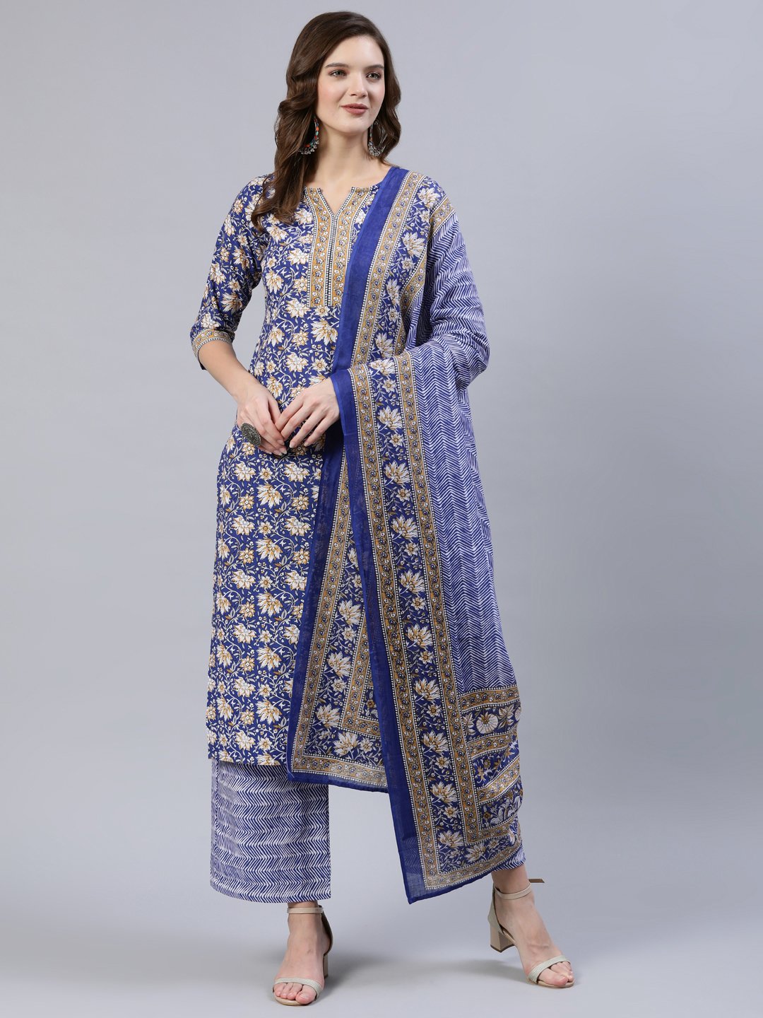 Women's Blue Printed Straight  Kurta With Palazo & Dupatta