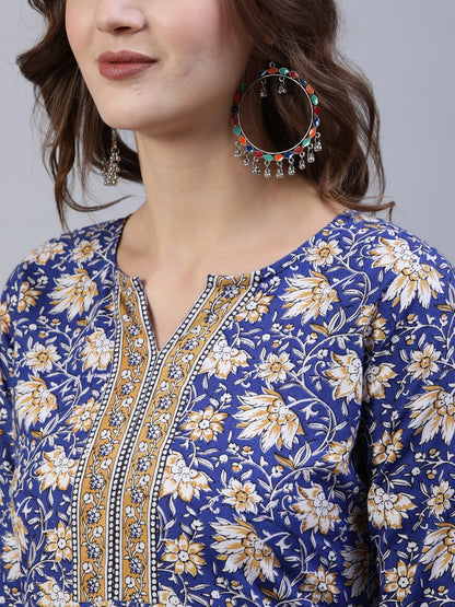 Women's Blue Printed Straight  Kurta With Palazo & Dupatta