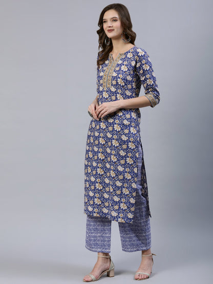 Women's Blue Printed Straight  Kurta With Palazo & Dupatta