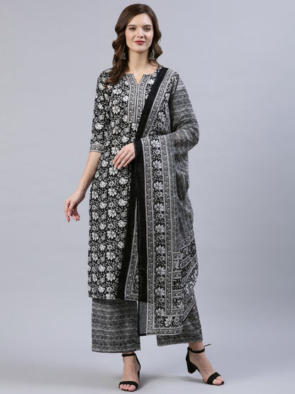 Women's Black & Whites Floral Printed Straight Kurta With Palazo & Dupatta