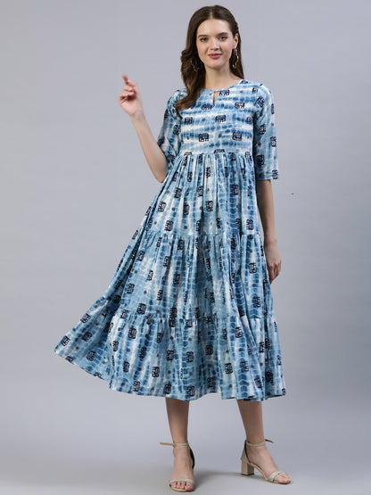 Women's  Blue Printed Tiered Dress With Three Quarter Sleeves