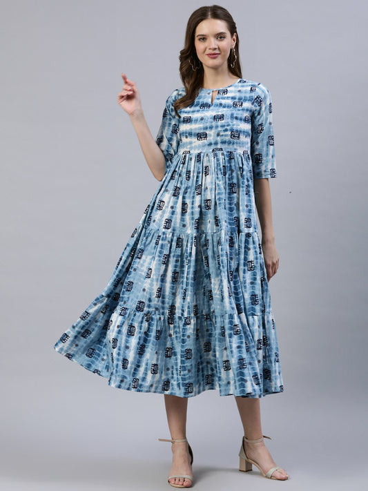 Women's  Blue Printed Tiered Dress With Three Quarter Sleeves