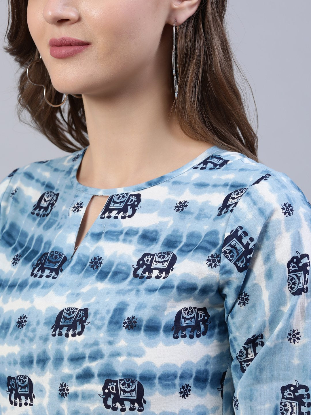 Women's  Blue Printed Tiered Dress With Three Quarter Sleeves