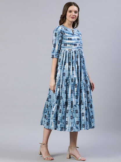 Women's  Blue Printed Tiered Dress With Three Quarter Sleeves