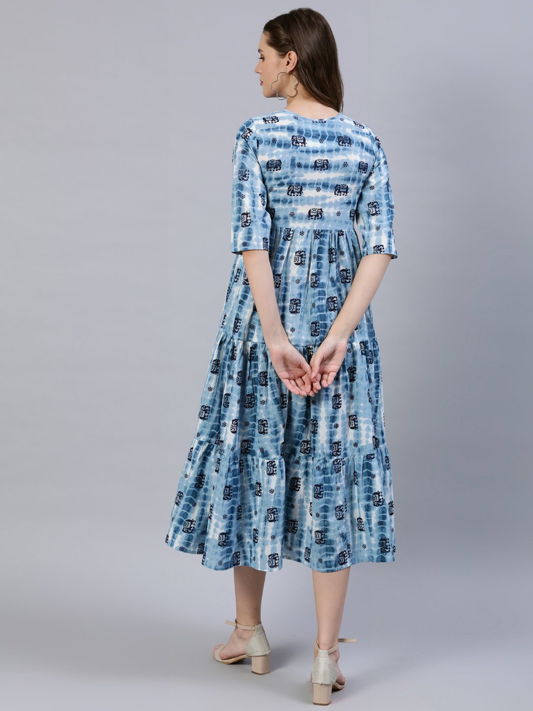 Women's  Blue Printed Tiered Dress With Three Quarter Sleeves