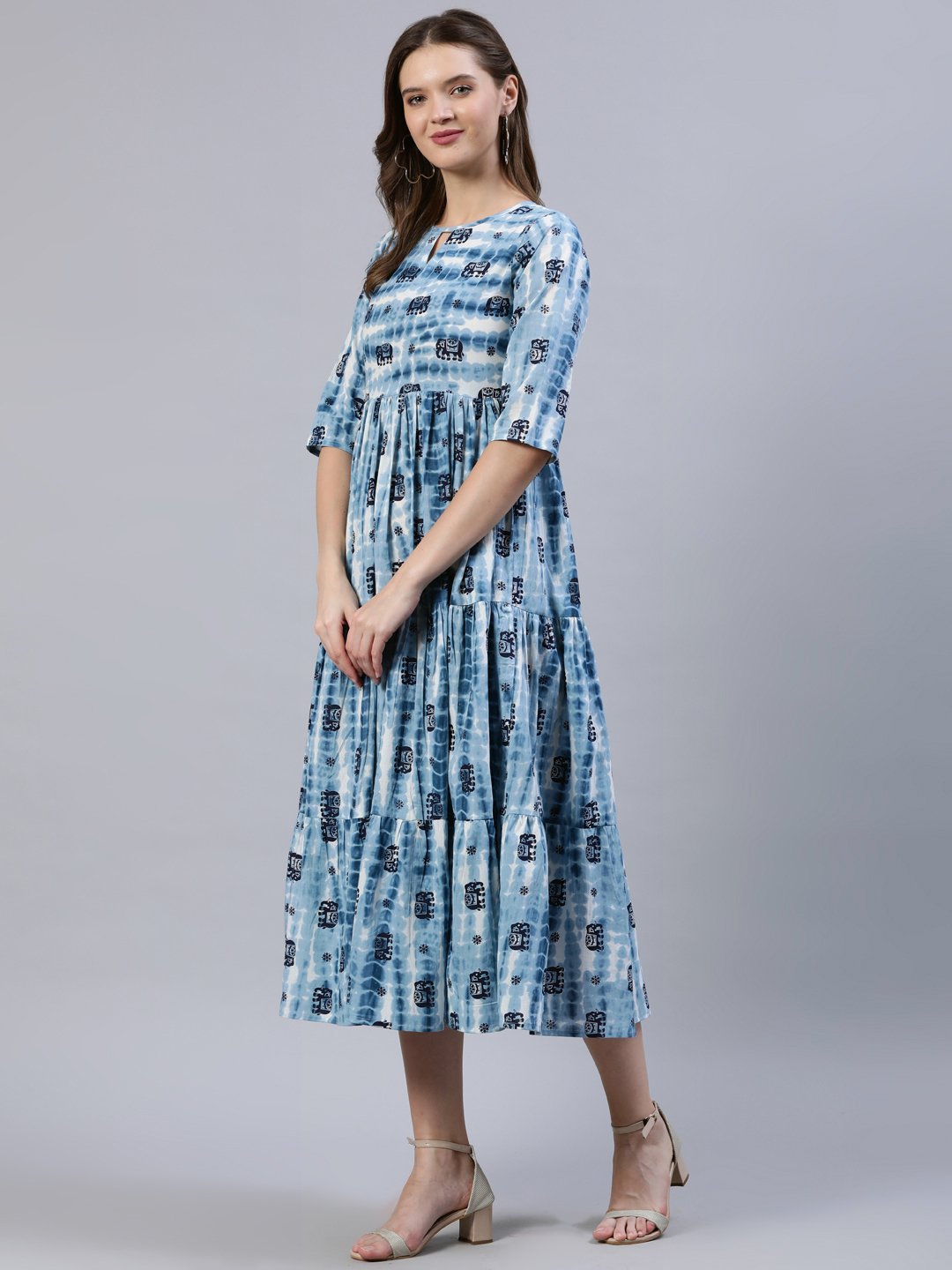 Women's  Blue Printed Tiered Dress With Three Quarter Sleeves