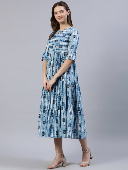 Women's  Blue Printed Tiered Dress With Three Quarter Sleeves