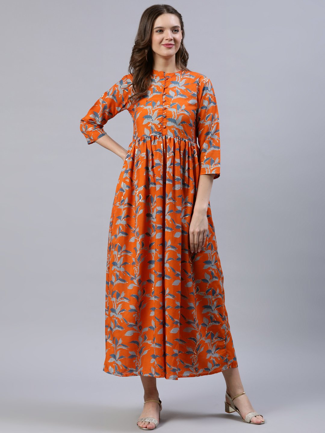 Women's  Orange Printed Dress With Three Quarter Sleeves