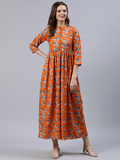 Women's  Orange Printed Dress With Three Quarter Sleeves