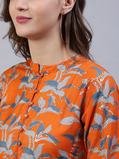 Women's  Orange Printed Dress With Three Quarter Sleeves