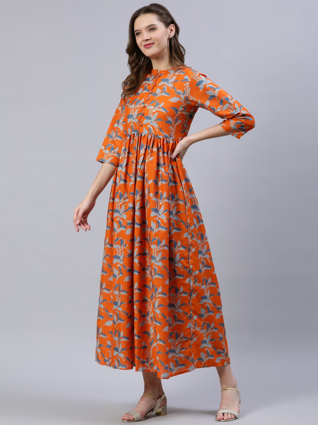 Women's  Orange Printed Dress With Three Quarter Sleeves