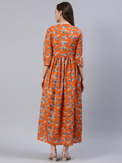 Women's  Orange Printed Dress With Three Quarter Sleeves