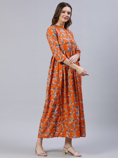 Women's  Orange Printed Dress With Three Quarter Sleeves