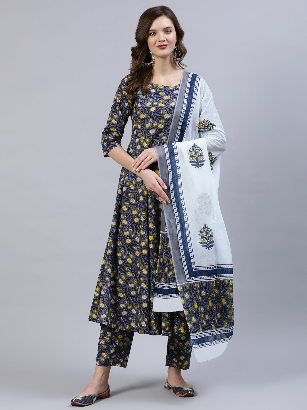 Women's Blue Printed Flared Kurta With Trouser & Dupatta