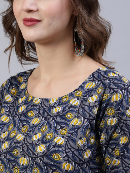 Women's Blue Printed Flared Kurta With Trouser & Dupatta