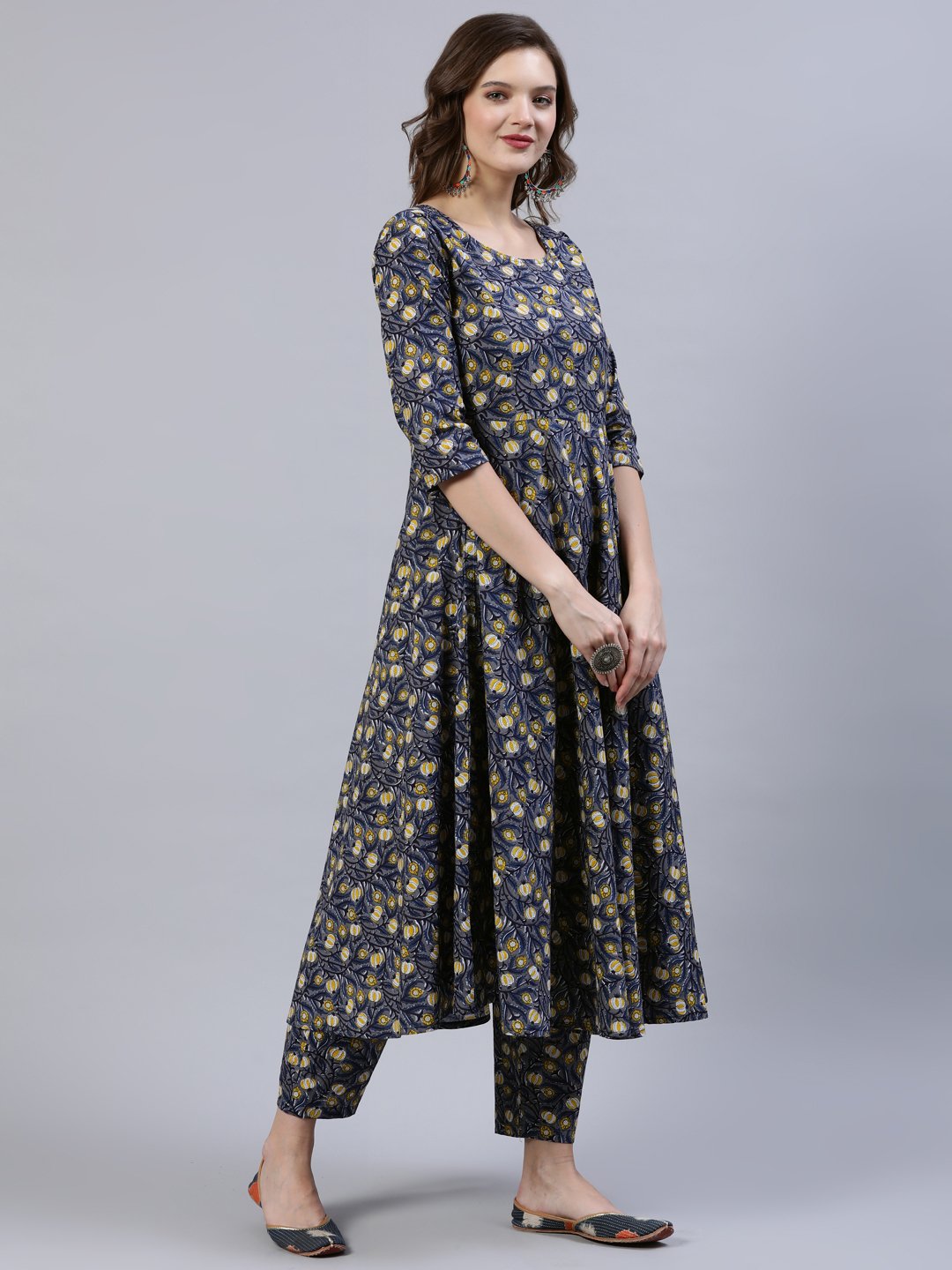 Women's Blue Printed Flared Kurta With Trouser & Dupatta