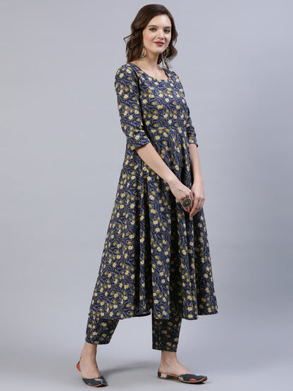 Women's Blue Printed Flared Kurta With Trouser & Dupatta
