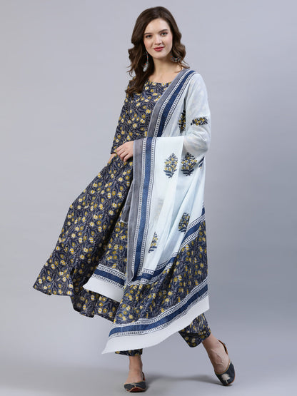 Women's Blue Printed Flared Kurta With Trouser & Dupatta