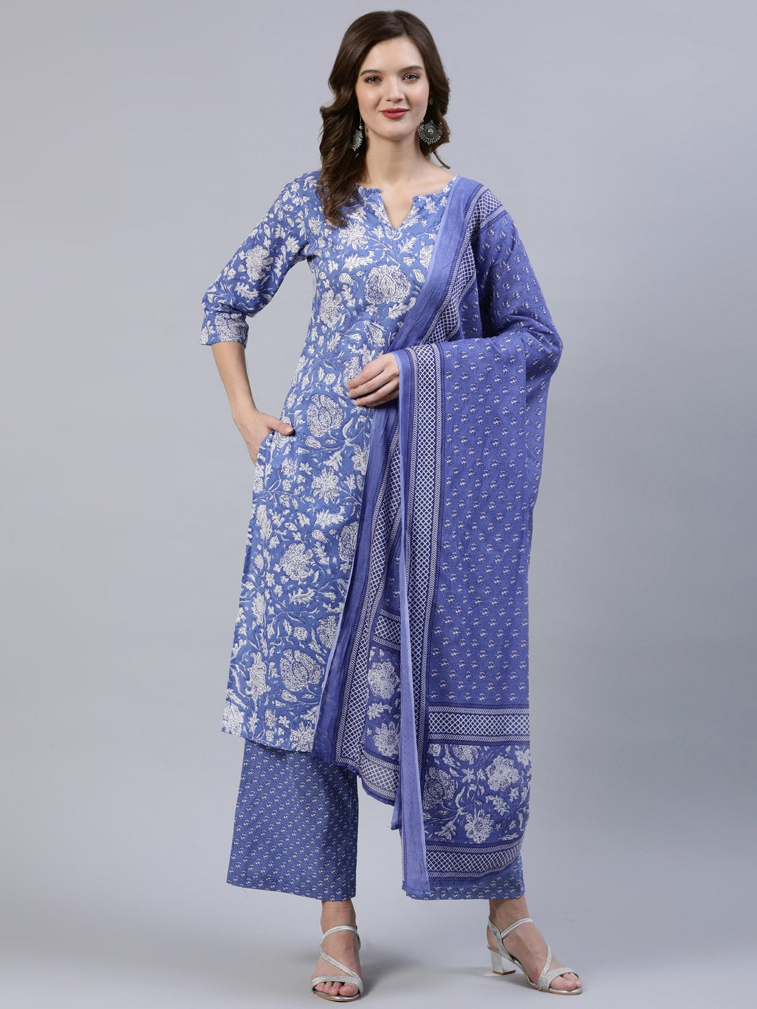 Women's Purple Printed Straight Kurta With Palzo & Dupatta