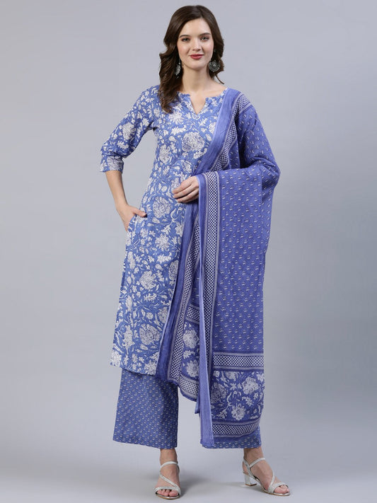 Women's Purple Printed Straight Kurta With Palzo & Dupatta