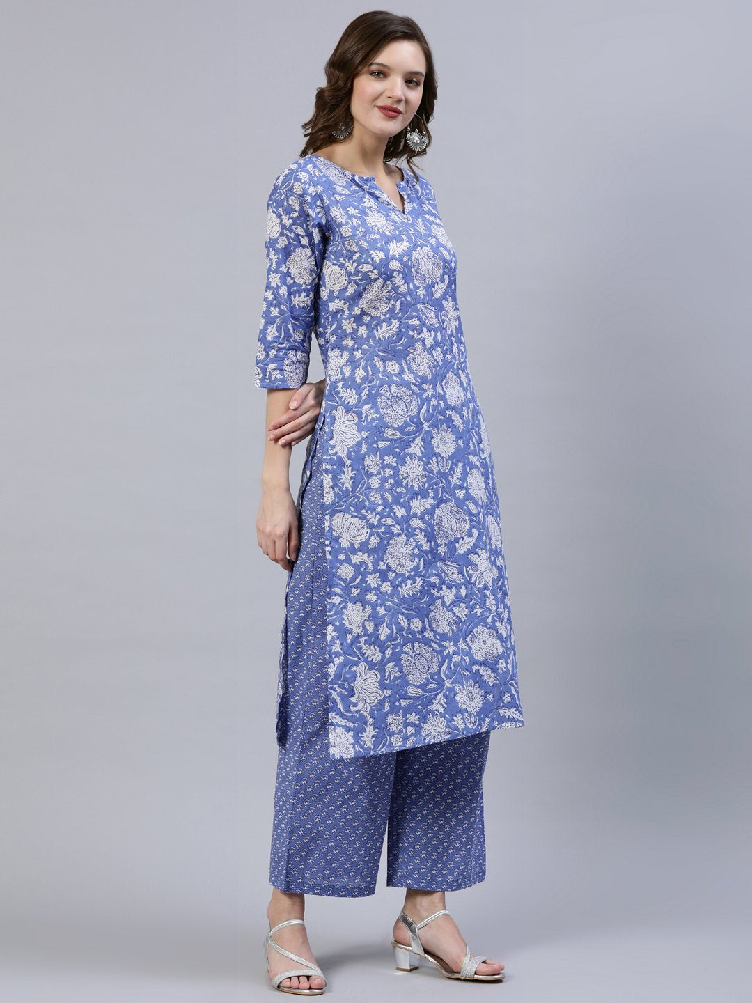 Women's Purple Printed Straight Kurta With Palzo & Dupatta