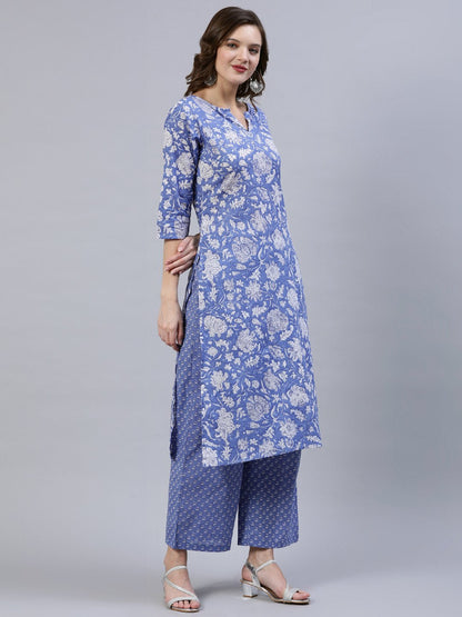Women's Purple Printed Straight Kurta With Palzo & Dupatta