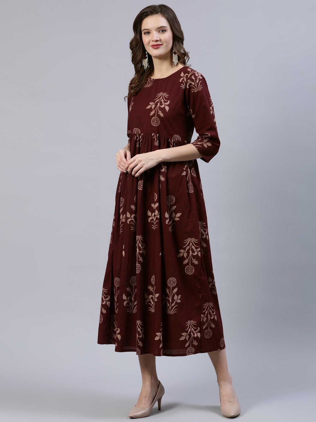 Women's  Brown Printed Dress With Dupatta