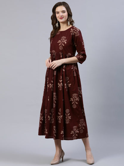 Women's  Brown Printed Dress With Dupatta
