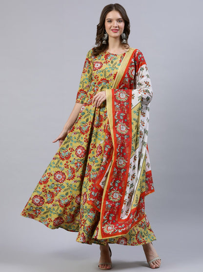 Women's Green Floral Printed Dress With Dupatta