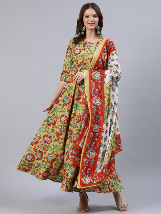 Women's Green Floral Printed Dress With Dupatta