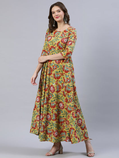 Women's Green Floral Printed Dress With Dupatta