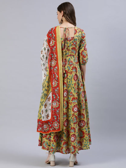 Women's Green Floral Printed Dress With Dupatta
