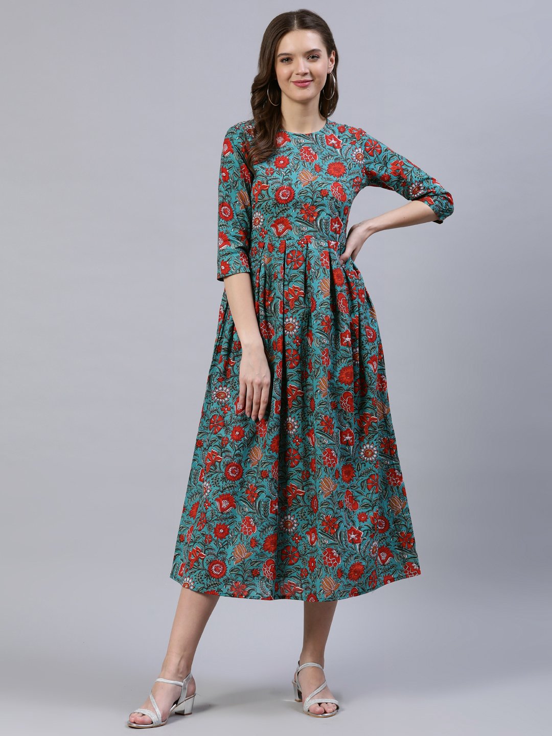 Women's Green Floral Printed Dress With Three Quarter Sleeves