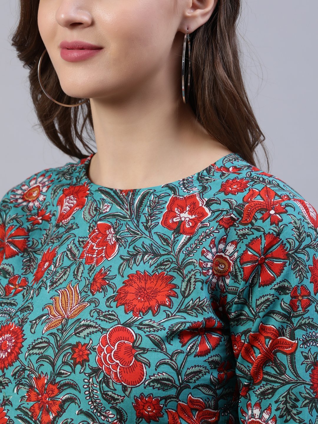 Women's Green Floral Printed Dress With Three Quarter Sleeves