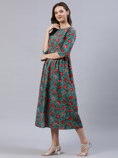 Women's Green Floral Printed Dress With Three Quarter Sleeves
