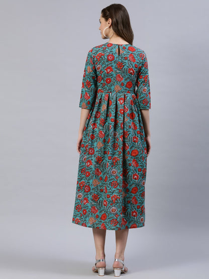 Women's Green Floral Printed Dress With Three Quarter Sleeves